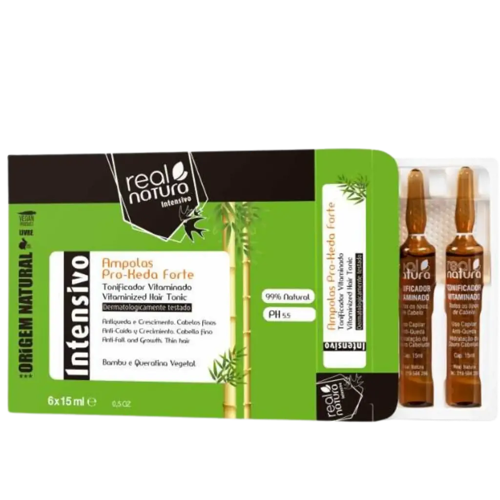 Fortifying Ampoules "Pro-Keda Forte - Bambu e Queratina Vegetal - Antiqueda e Crescimento. Cabelos Finos" Real Natura 6x15ml